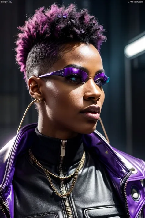 face close up, facing forward, posing for camera, photo realistic, facing forward, A closeup of a woman with a bright purple mohawk and sunglasses, Afrofuturism style latex punk jacket, mulher futurista da moda 4k , Afrofuturista, afro futurista, afrofutur...