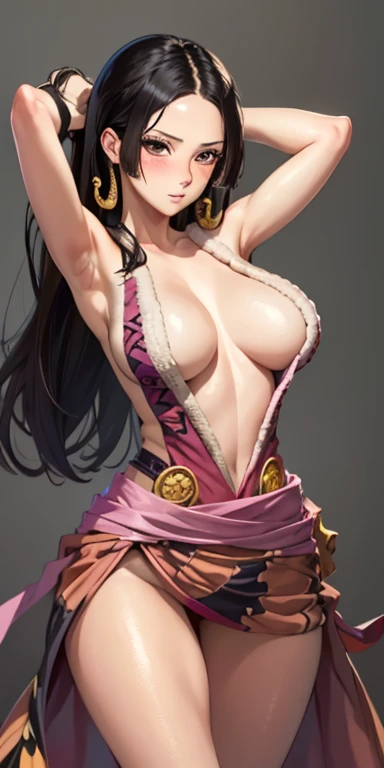 1girl, solo, black hair, butterfly hair ornament, (completely naked), large breasts, arms up, cleavage, thighs, cafe background, (blushing:1.3),brown eyes, Boa Hancock , standing, realistic eyes, perfect shaped beautiful body