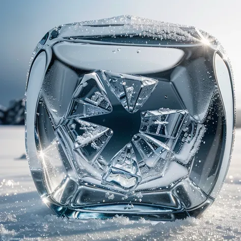 Candy inside of an ice cube with a frost effect, crystal background, snowy tundra