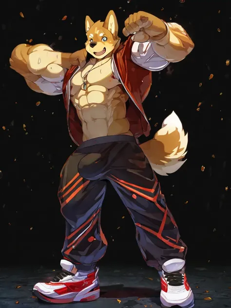 Ultra-clear，A Shiba Inu Orc Fury in a see-through tights tracksuit raincoat，Pure black background，muscle strong，translucent white bulge，Confident laughter，soft light，standing，eye level，You can see the muscles of the whole body，nike socks，strong muscle，Dirt...