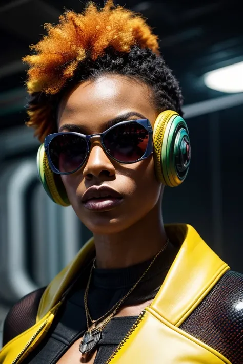 masterpiece, face close up, facing forward, posing for camera, photo realistic, facing forward, A closeup of a woman with a bright green mohawk and red sunglasses, Afrofuturism style latex yellow punk jacket, mulher futurista da moda 4k , Afrofuturista, af...