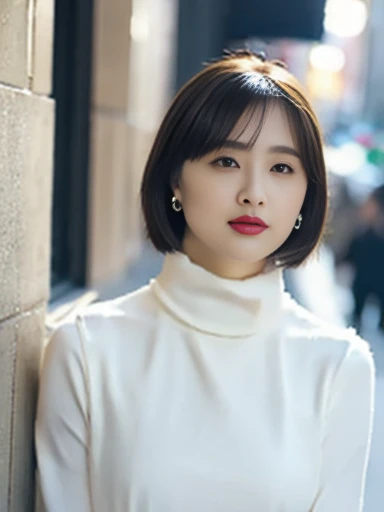 Beautiful girl high school student，masterpiece，light makeup，red lips，blonde，bob cut，street background，beautiful，grace。super fine details，work，authentic texture，Realistic movie lighting，完美的work，8K，HD，exquisite features，White Skinny Turtleneck Top，White Skin...