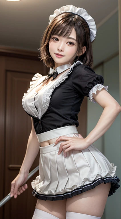 (1 young girl), brown hair, amazing face and eyes, pink eyes, charming smile, (Ruffled maid coffee outfit, pleated mini skirt:1.5), (Maid cafe costumes open:1.2), Bare chest, (very beautiful girl), brown hair, fashionable hair accessories, (best quality:1....