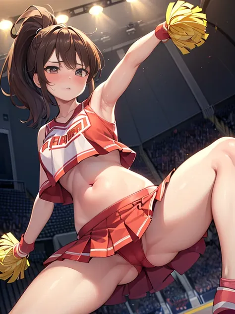 {{{masterpiece}}}, {{{best quality}}},  , {NSFW:1.2},、cute 、Teenager woman、(18-year-old、brown hair、ponytail、cheerleader、cheerleader、raise her legs high、belly button、side、blush:1.5)）high quality、、With background((stadium,　a lot of spectators))、elaborate des...