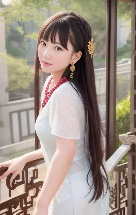 best quality, masterpiece, highres, 1girl,china dress,Beautiful face,
hair ornament, solo,looking at viewer,smile,closed mouth,lips,
dress,hair ornament, necklace, jewelry, long hair, earrings, chinese clothes,
architecture,east asian architecture