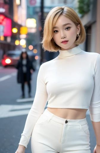 Beautiful girl primary school student，small breasts、masterpiece，light makeup，red lips，blonde，bob cut，street background，beautiful，grace。super fine details，work，authentic texture，Realistic movie lighting，完美的work，8K，HD，exquisite features，White Skinny Turtlene...