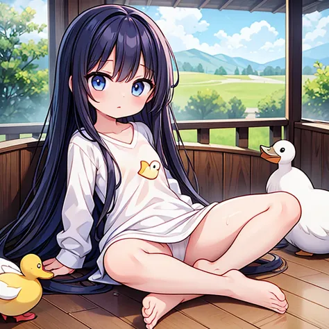 masterpiece，cartoon，girl，barefoot，duck sitting，No clothes，Lift the corners of your clothes，super long hair，wet