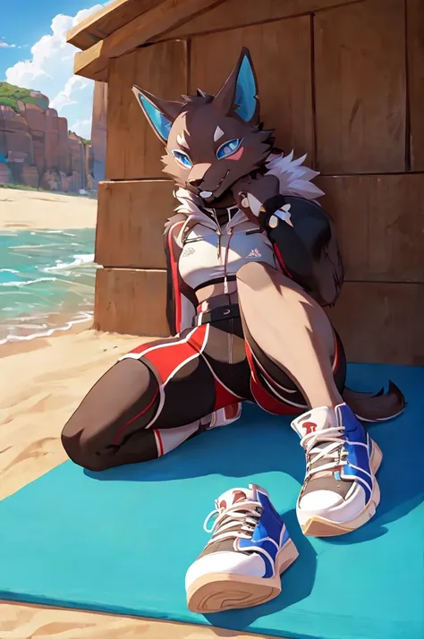 Pack leader highwire, cute, winking, solo, fang, sportswear, shorts, sneakers, beach, realistic, best quality, masterpiece, ultra detail, ultra high res, extreme detail, 8k