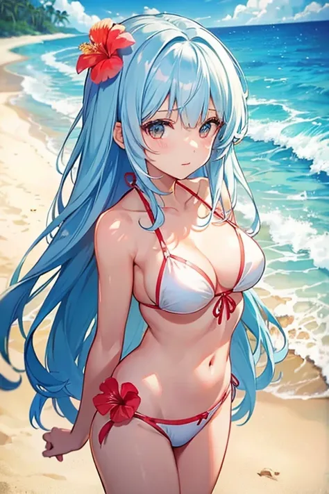 Beautiful girl in bikini、17 years old、white bikini、1 hibiscus hair ornament、Ocean、beach、long hair