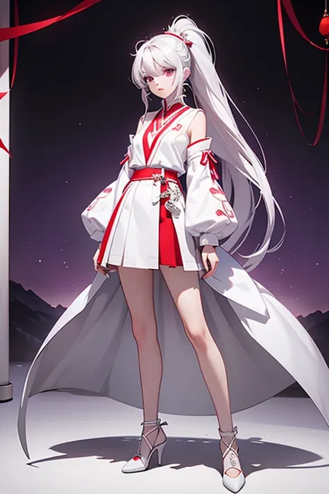 martina,purple eyes, white hair, very long hair, ponytail, Hair ring, collar, O-ring top, white high heels。Standing posture，for the audience。full body picture，Red and white clothes，short skirt，Surrounded by a small Chinese white dragon，