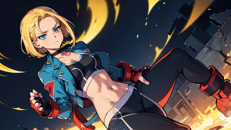 masterpiece, highest quality, High resolution, 1 female, cammy white, short hair, antenna hair , blonde hair , blue eyes , Scar on left cheek, black choker, clavicle, blue jacket,　Black inner shirt, cropped jacket, open jacket, play sports often, abdomen, ...