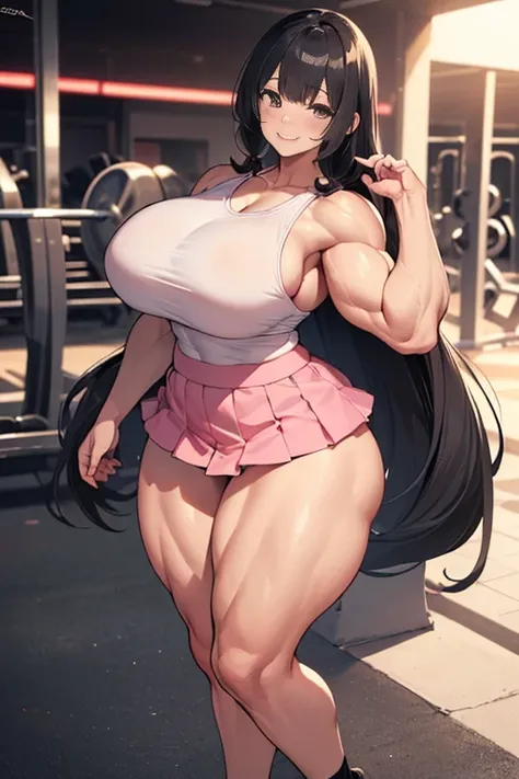 (Best quality,8K,ultra high res:1.5),(Pretty very long tied pigtail hair anime girl),(Huge breasts:1.50),(very voluptuous body),(very voluptuous thigh),(body builder girl:1.5),(wide muscle:1.4),(pink short skirt),(light smile),(eyes to camera),(light black...