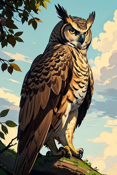 Eurasian eagle owl,brown eyes,bird of prey,sitting on a branch,peaceful atmosphere,mappa art style,majestic,beautiful feathers,intense gaze,proud posture,imposing silhouette, show him in a daylight 