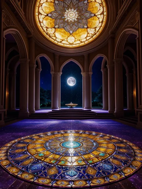 mesmerizing sight, Moonlight flows elegantly through intricate stained glass windows, A heavenly dance of light and color, Dream scenes, Sophisticated tones add a mysterious atmosphere to the room, Moonlight casts bright patterns on the floor, moments of t...