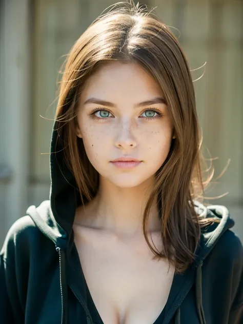 girl with green eyes and brown hair has medium breasts has freckles and wearing a black hoodie