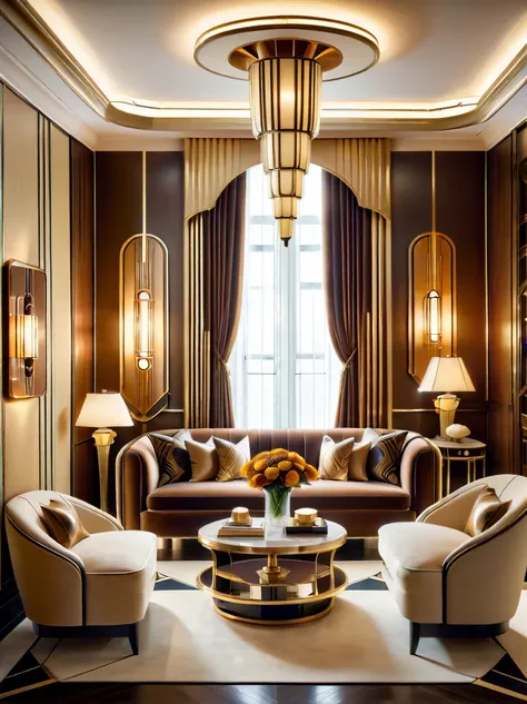 Create an image of a warm and inviting Art Deco style room. The room should radiate a cozy atmosphere, blending the distinctive Art Deco elements with a welcoming ambiance. It should feature geometric patterns, strong lines, and luxurious materials typical...