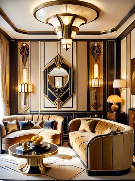 Create an image of a warm and inviting Art Deco style room. The room should radiate a cozy atmosphere, blending the distinctive Art Deco elements with a welcoming ambiance. It should feature geometric patterns, strong lines, and luxurious materials typical...