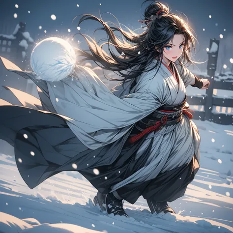 masterpiece, high-quality, high-definition, high-resolution, anime style, warm color palette, up view, full body, emitting cold air, cool lighting, freezing surroundings, (a japanese samurai woman is fighting Snowball Pose and holding a large snowball in h...