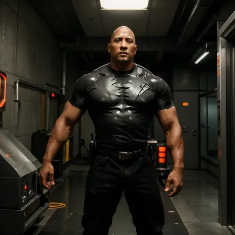 masterpiece, best quality, solo, Dwayne Johnson as T 800 in Terminator, half cyborg face, glowing red cyborg eyes, standing, full body, cowboy shot, hands on hips, wearing cyberpunk costume, very muscular, athletic, huge, gray hair, gray, scars, warrior, b...