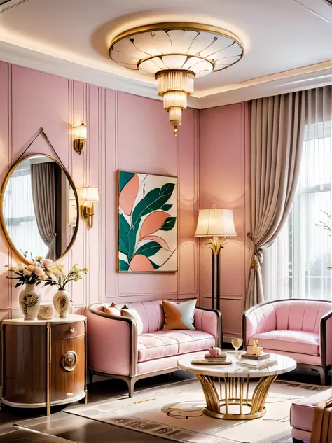 Creates the image of a warm and inviting Art Deco room。The room should exude a cozy atmosphere，Blending unique Art Deco elements with a warm atmosphere。It should have geometric patterns typical of Art Deco、Strong lines and luxurious materials，but has a sof...