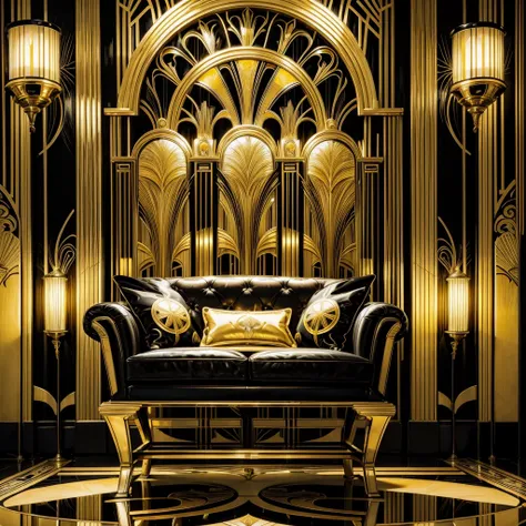 black sofa with gold wallpaper and table lamp, an art deco painting by elena guro, popular topics on pixabay, art nouveau, art -...