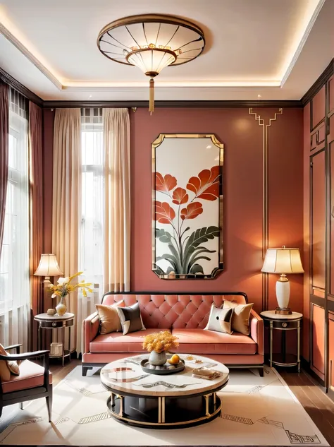 Creates the image of a warm and inviting Art Deco room。The room should exude a cozy atmosphere，Blending unique Art Deco elements with a warm atmosphere。Geometric pattern typical of Art Deco、strong lines and plain materials，but has a softer、warmer color pal...