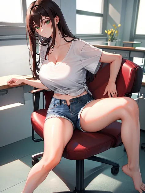 Lisa, genshin impact, 1 girl, alone, ((white shirt)), barefoot, huge breasts, cleavage, uniform, office background, denim shorts, office, hair between eyes, messy hair, large chest, long hair, looking at the viewer, brown hair, red short nails, green eyes,...