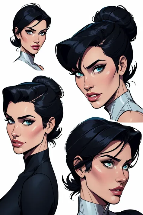 (cartoon style:1.2), Drawings of ([Modesty Blaise]), Portrait, Sleek Back Feather Chignon hair, white background, fun posing, Centered, scale to fit the dimensions