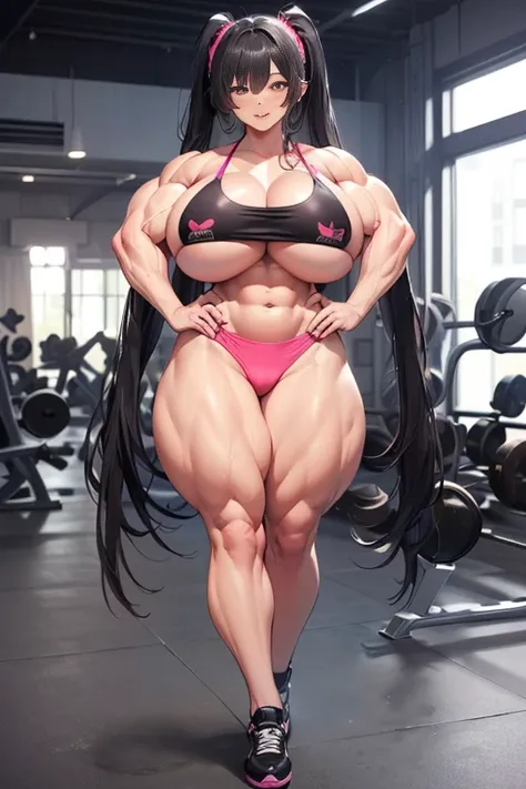 (Best quality,8K,ultra high res:1.5),(Pretty very long tied pigtail hair anime girl),(Huge breasts:1.70),(very voluptuous body),(very voluptuous thigh),(body builder girl:1.5),(wide muscle:1.8),(light smile),(eyes to camera),(light black hair),(naked),(pin...