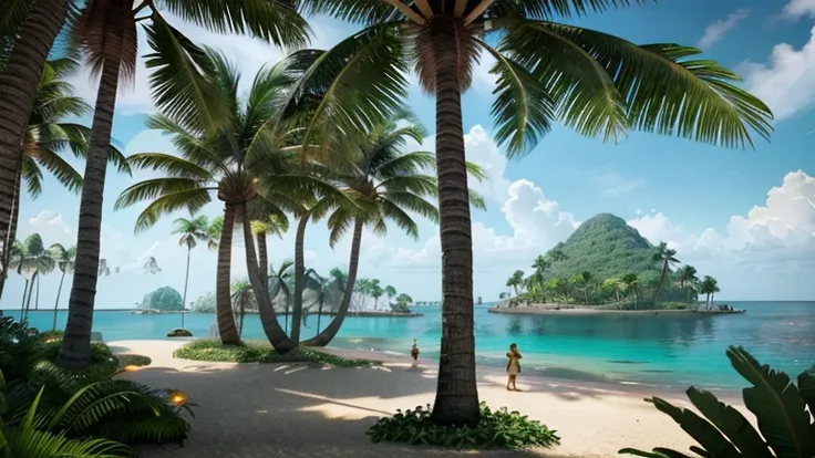 I have a picture of a tropical island with palm trees., Island Background, background jungle, Jungle in the background, Animation-style rendering, Stylized in 3D rendering, 3d rendering stylized, environmental picture, jungle environment, background art, t...