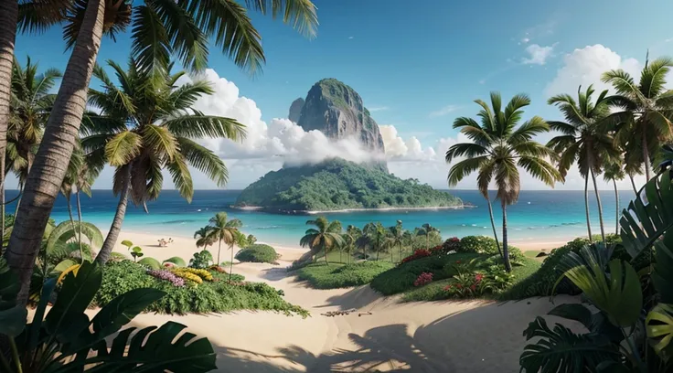 I have a picture of a tropical island with palm trees., Island Background, background jungle, Jungle in the background, Animation-style rendering, Stylized in 3D rendering, 3d rendering stylized, environmental picture, jungle environment, background art, t...