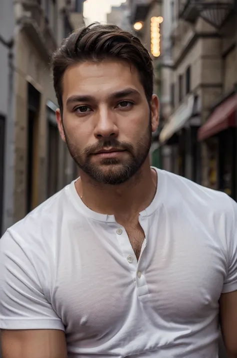 Mejor calidad, detalles, hiperrealista, top model, hombre, masculino, calvo, short brown beard, ojos verdes, triste mirada, camisa blanca elegante, ciudad de noche, luna llena