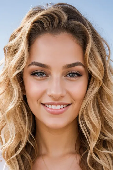 beautiful lady, big smile, dark makeup, hyperdetailed photography, soft light, head and shoulders portrait, cover and a stylish and confident young woman in her twenties with captivating blonde curly hair, expressive brown eyes, and a fashionable aura. Hig...