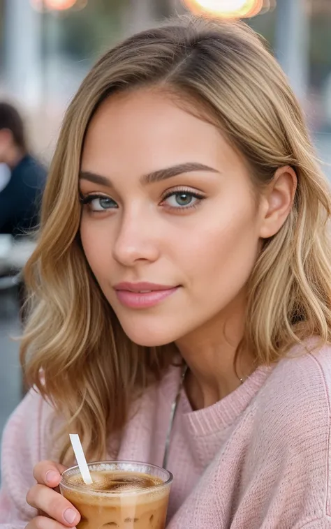 beautiful blonde wearing pink sweater (sipping coffee inside a modern café at sunset), very detailed, 21 years old, innocent face, blue eyes, high resolution, masterpiece, best quality, intricate details, highly detailed, sharp focus, detailed skin, realis...