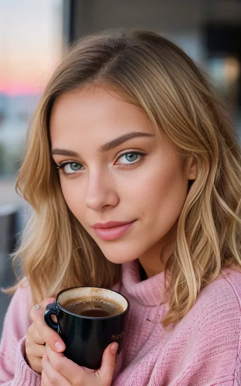 beautiful blonde wearing pink sweater (sipping coffee inside a modern café at sunset), very detailed, 21 years old, innocent face, blue eyes, high resolution, masterpiece, best quality, intricate details, highly detailed, sharp focus, detailed skin, realis...