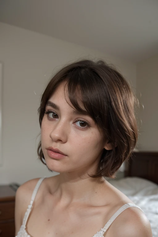 Mejor calidad, hiperrealista, detalles, 8k, adolescente, fifteen years, shy, triste, palidez, ojos azules grandes, piel muy blanca, small nose, short hair chestnut brown bangs, White nightgown, room, melancholy, influencer