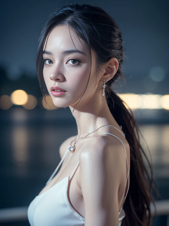 from side, hip up,((addielyn)), side pose, Random posture, night time, (An extremely delicate and beautiful work), (masterpiece), 1girl, streetwear, highly detailed, ponytail contorted, charming expression, beautiful and clear eyes, blue eye pupil, delicat...