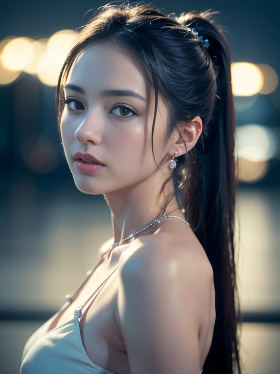 from side, hip up,((addielyn)), side pose, Random posture, night time, (An extremely delicate and beautiful work), (masterpiece), 1girl, streetwear, highly detailed, ponytail contorted, charming expression, beautiful and clear eyes, blue eye pupil, delicat...