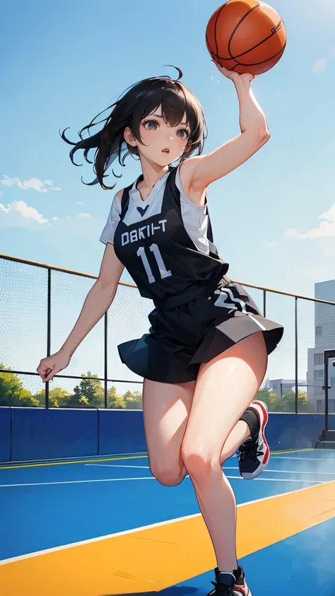 (best quality), (masterpiece), 1 Girl,playing basketball,she is dribbling the ball,running,outdoor basketball court, she is wearing a Suspender top, fair skin, sunny, full body photo,(bright eyes), (black eyes),Highly detailed,(single), sweet, open backgro...