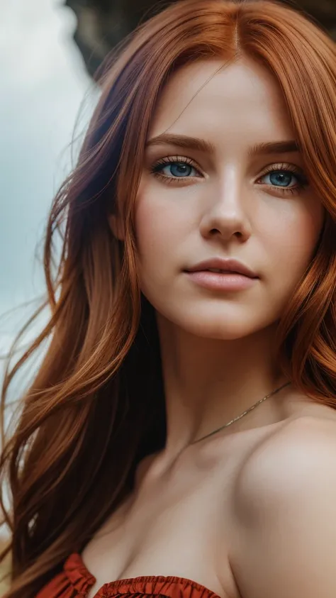 RAW uhd portrait of 24-year-old blonde close-up, Natural red hair, castles, Wavy, (brown-eyed woman) colourful, 8k, many details, ultra hd, realistic, vivid colors, highly detailed, UHD drawing, pen and ink, perfect composition, beautiful detailed intricat...