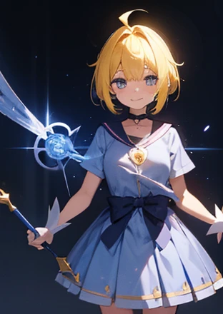 magical girl, yellow hair with bluish highlights, jovem e pequena, vestido fofo, holding a magic wand, sorriso leve, calm and lazy look