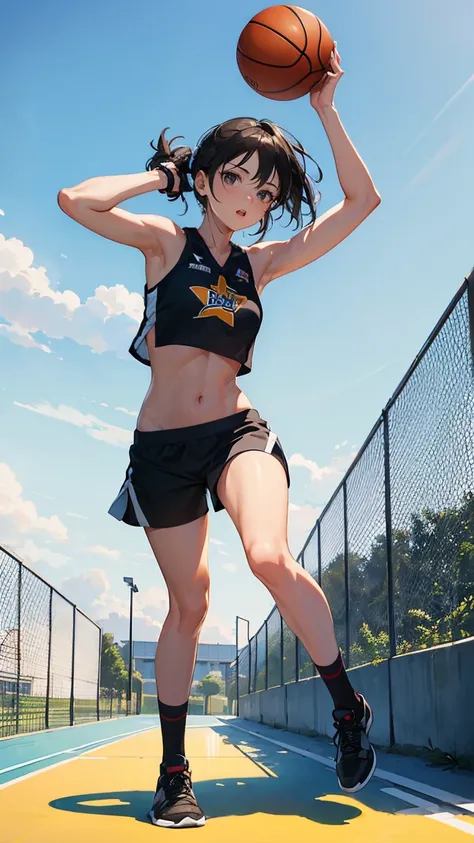 (best quality), (masterpiece), 1 Girl,playing basketball,she is dribbling the ball,running,outdoor basketball court, she is wearing a halter top, fair skin, sunny, full body photo,(bright eyes), (black eyes),Highly detailed,(single), sweet, open background...