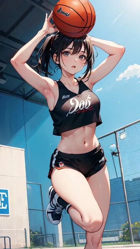 (best quality), (masterpiece), 1 Girl,playing basketball,she is dribbling the ball,running,outdoor basketball court, she is wearing a halter top, fair skin, sunny, full body photo,(bright eyes), (black eyes),Highly detailed,(single), sweet, open background...