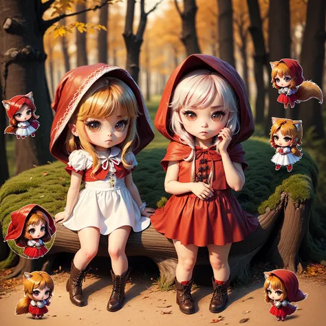 ​masterpiece、top-quality、ultra-detailliert、(Little Red Riding Hood:1.5)、(White Dress:1.3)Red braided boots、(Chibi Chara Wolf:1.7)、Fairytale autumn forest、Sit on a stump