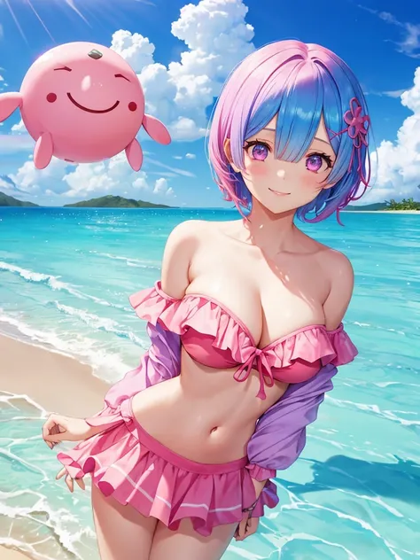 Re:zero,2 girls(one girl:rem,blue hair, short hair)(other girl:ram,pink hair, short hair) large breasts are standing at tropical beach in Maldives, colorful, floral, (wearing off shoulder bikini and flair short skirt), smiling to viewer. from bellow, float...