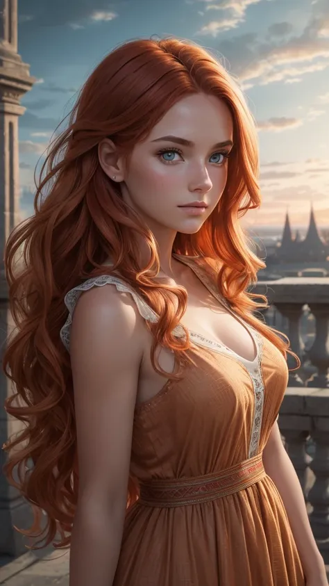 RAW uhd portrait of 24-year-old blonde close-up, Natural red hair, castles, Wavy, (brown-eyed woman) colourful, 8k, many details, ultra hd, realistic, vivid colors, highly detailed, UHD drawing, pen and ink, perfect composition, beautiful detailed intricat...