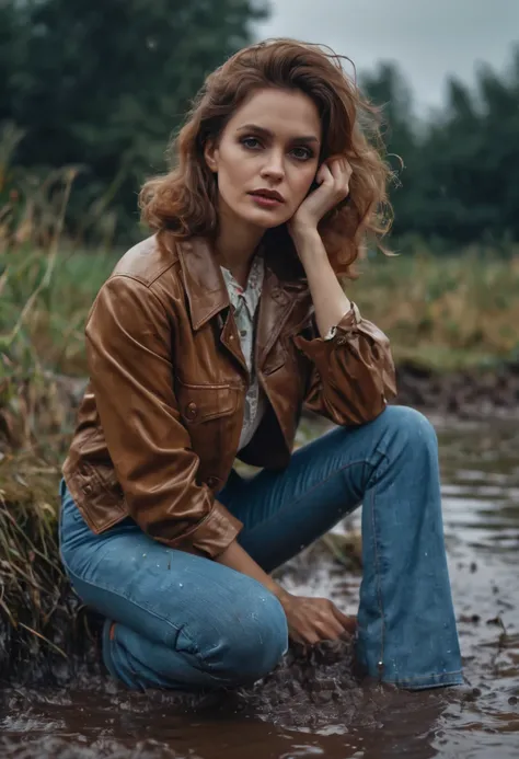 (best quality,4k,8k,highres,masterpiece:1.2),vivid colors,ultra-detailed,realistic,portrait,70s setting,woman,worn-out,high waist flared jeans,jacket,blouse,drowning,bog scene,wet clothes,muddy clothes,retro fashion,bokeh,film grain,warm tones,soft lightin...