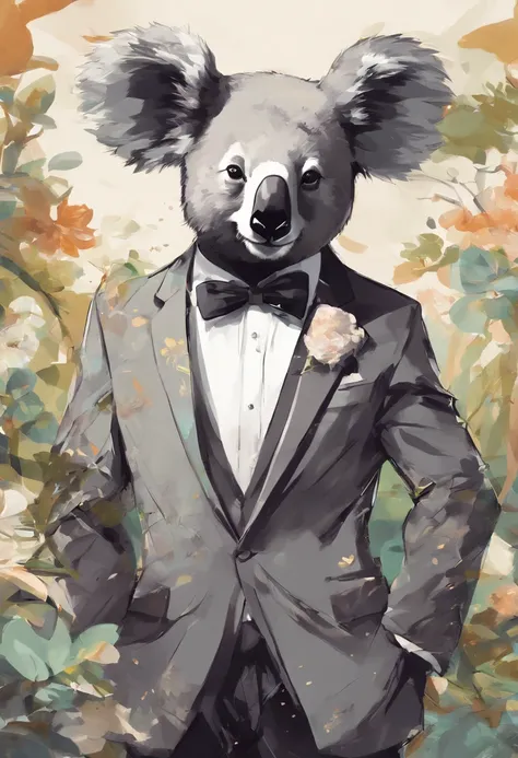 anthropomorphic koala, de cuerpo entero, vestido formalmente con un blazer, sostiene una bandeja, pegatina de panda, sticker de panda.