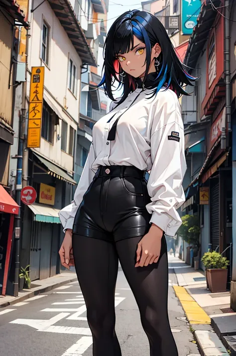 ((multicolored hair, black hair, blue hair)), 1 girl, two-tone hair, black on top, white on bottom 1 gilr, ,perfect anatomy girl muscular girl toned body girl large breasts girl thick girl angry girl best quality girl black hair girl yellow eyes girl pale ...