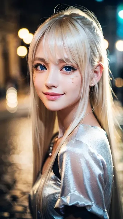 light smile、night、Live shooting、(((Portrait of extreme beauty)))、((glowing skin))、1 girl、11 years old beautiful girl in Prague、((Bright platinum blonde hair))、[Very beautiful bright light blue big eyes]、Shiny glossy skin、silky super long straight hair、eyel...